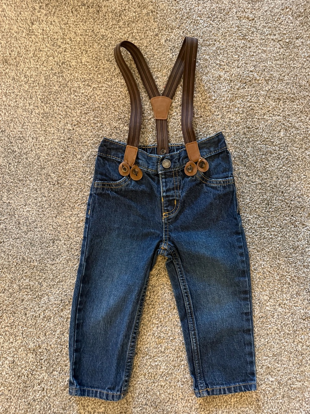 Carters Classic Dark Blue Denim Jeans with Brown Suspenders